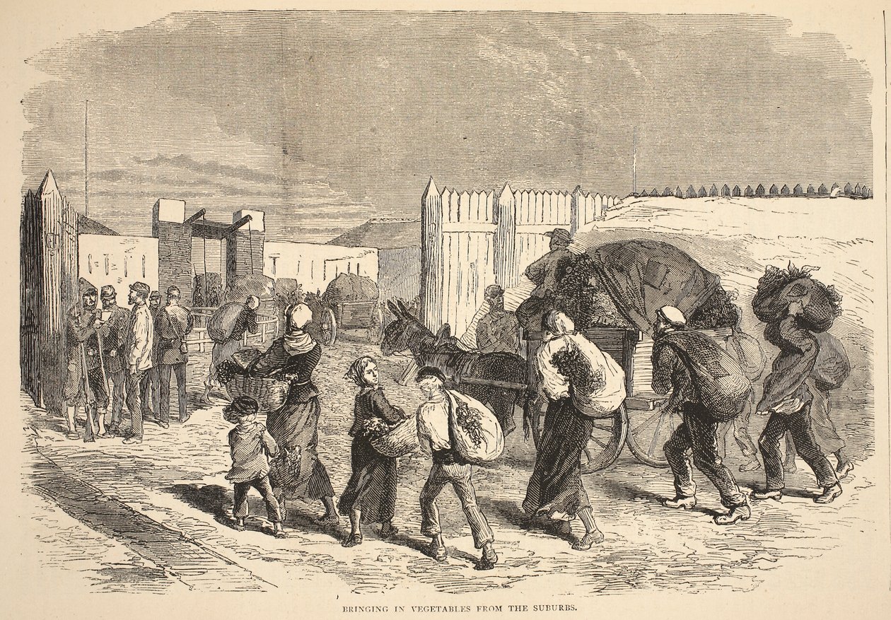 Att ta in grönsaker från förorterna, illustration från Cassells historia om kriget mellan Frankrike och Tyskland, 1870-1871 av French School