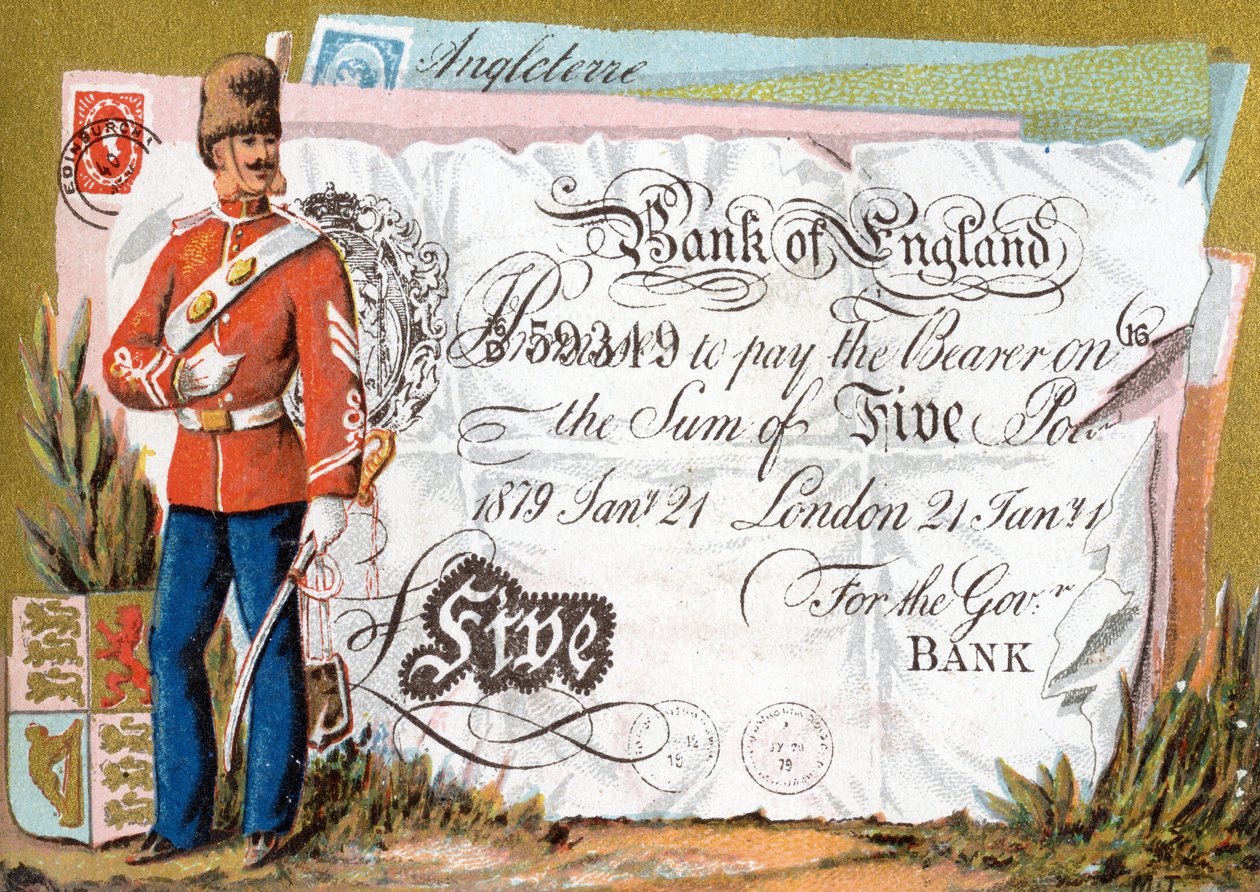 Brittisk armésoldat som vaktar en Bank of England Five Pound-sedel, 1886-95 av French School