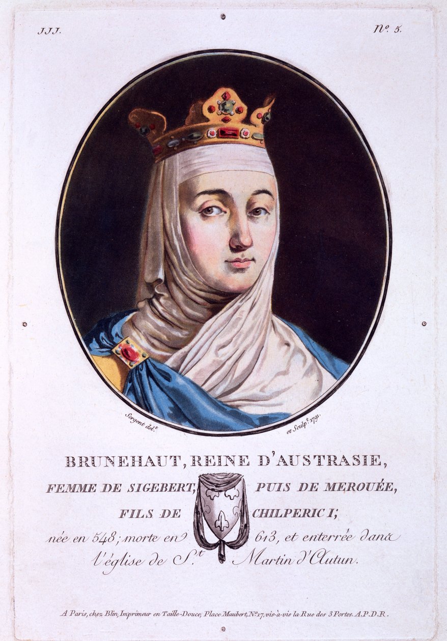 Brunhilda, Queen of Austrasia, från Portraits of Great Men, Illustrious Women, and Memorable Subjects of France, publicerad 1787-92 av French School