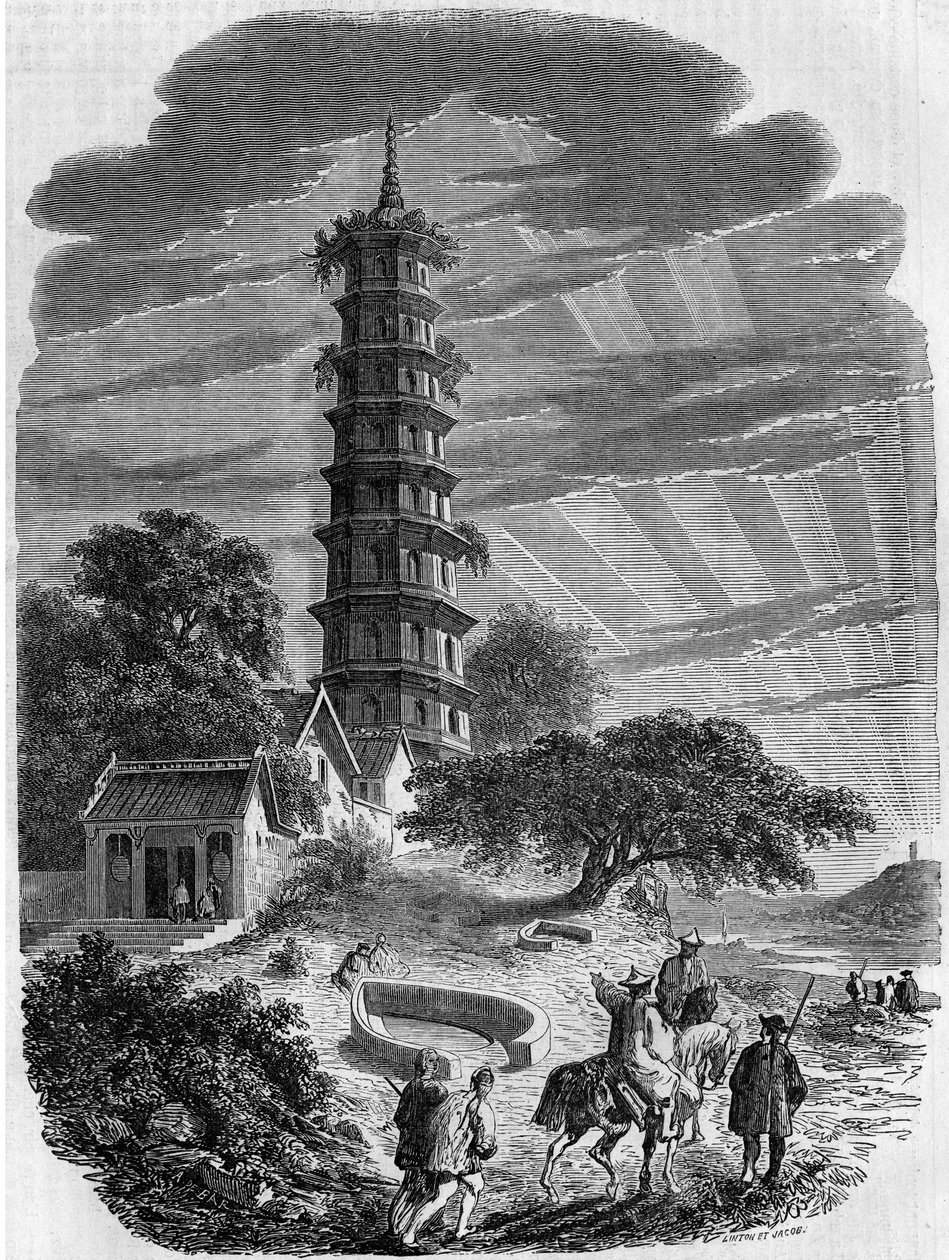 Buddhistisk arkitektur: yttre vy av den åttkantiga pagoden på Whampoa Island, Kina av French School