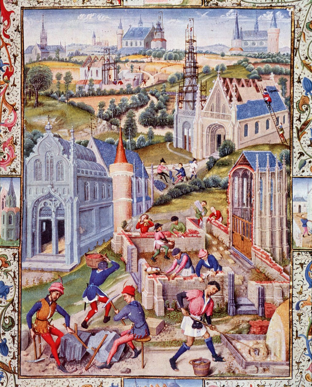 Byggarbetsplatser i Saint Denis (stad) för uppförandet av 12 kyrkor till de 12 apotrarnas ära. Miniatyr hämtad från "Livet för Tres Noble Count Gerard de Roussillon" av French School