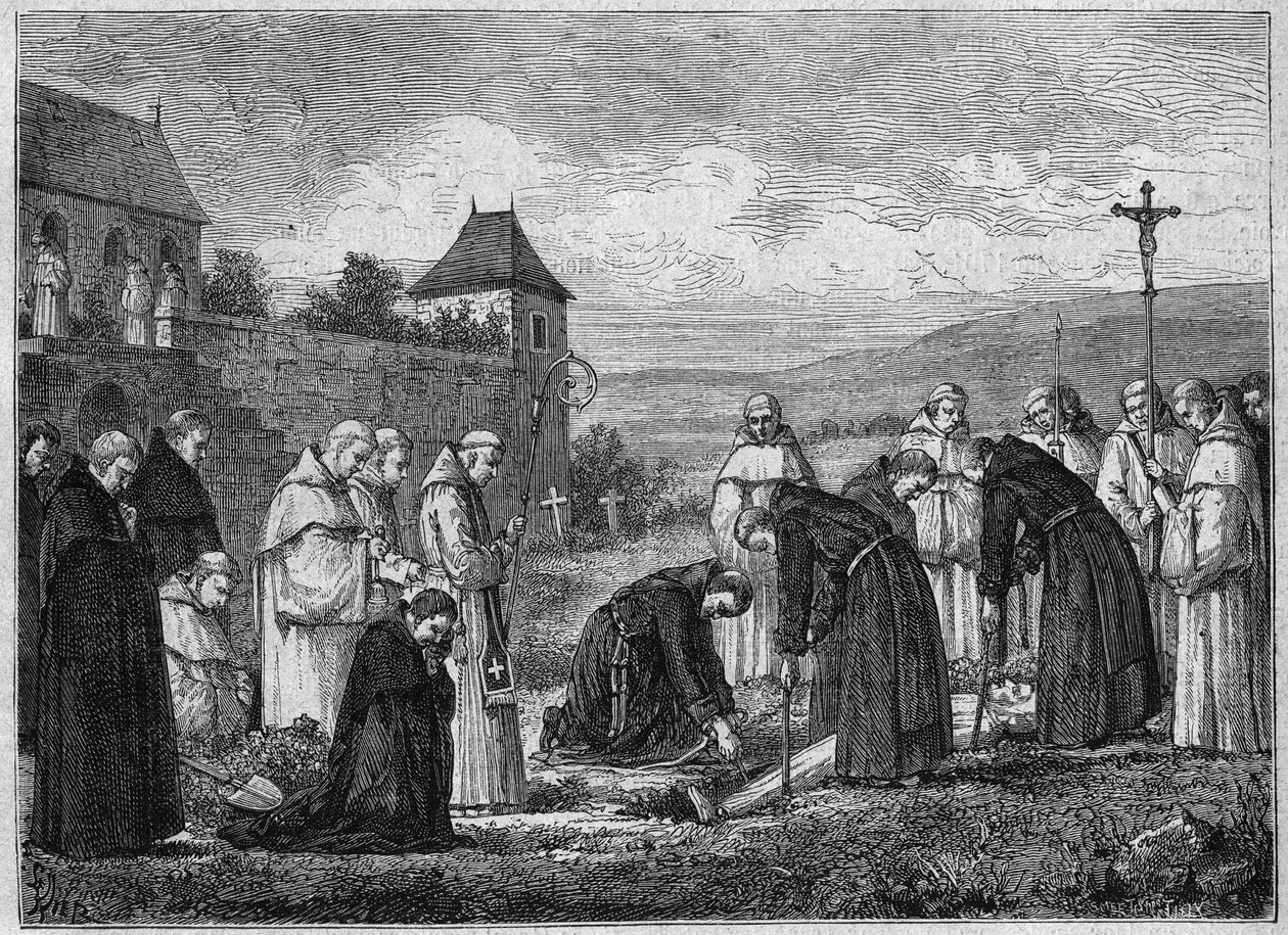 Begravning av en kartusian i klostret Tamie i Savoy (cisterciensersamfundet). Gravyr från 1875. av French School
