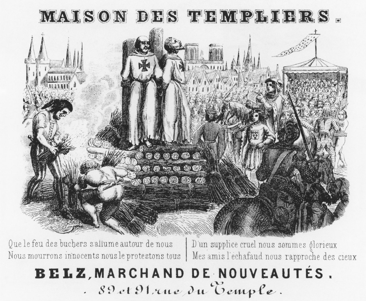 Tempelherrarnas bränning, sedelrubrik för en drapeributik, Maison des Templiers, Belz, rue du Temple, Paris, ca 1840 av French School