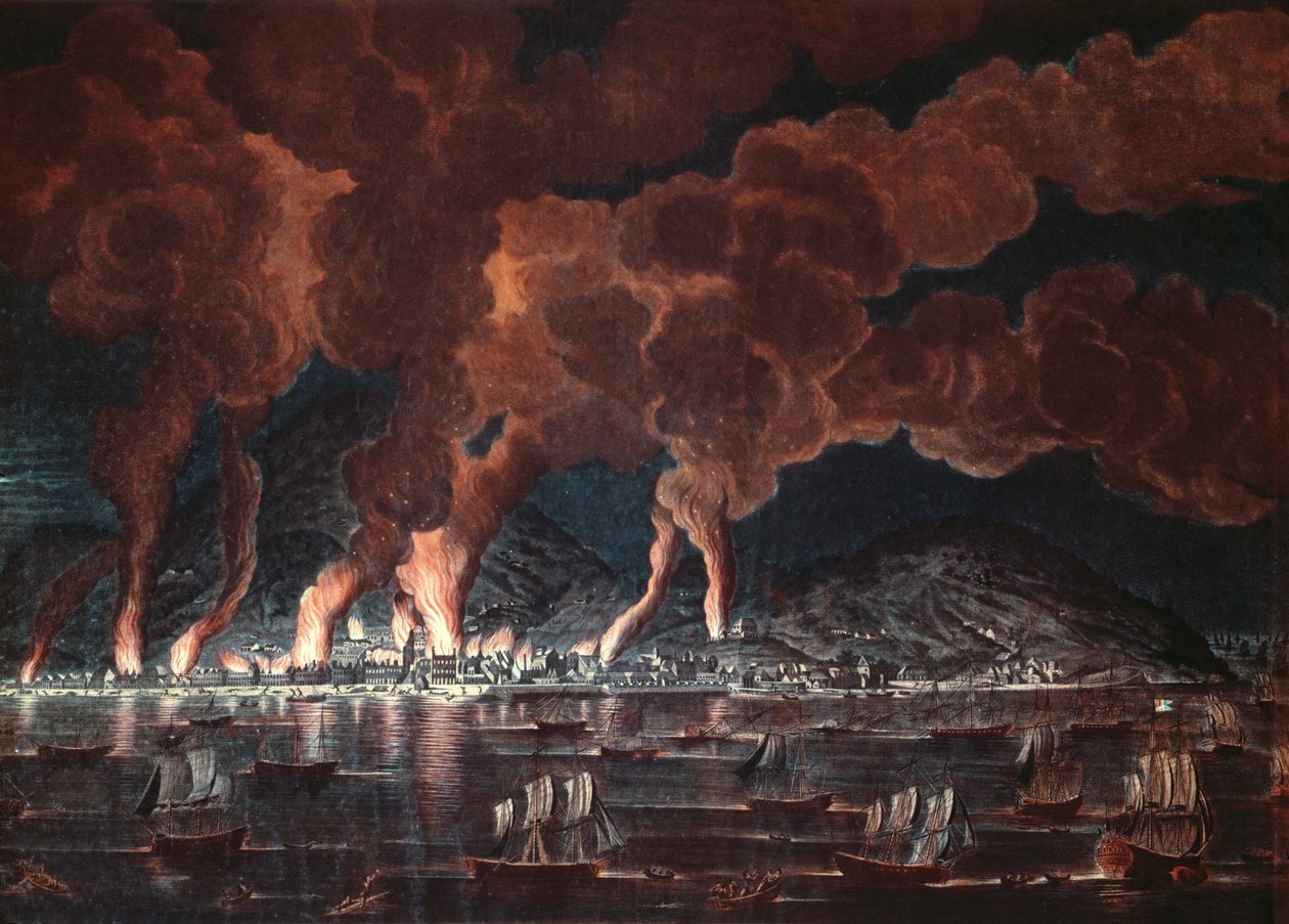 Bränning av staden Cap-Francais, Saint-Domingue (Haiti), 1795 (färgstick) av French School