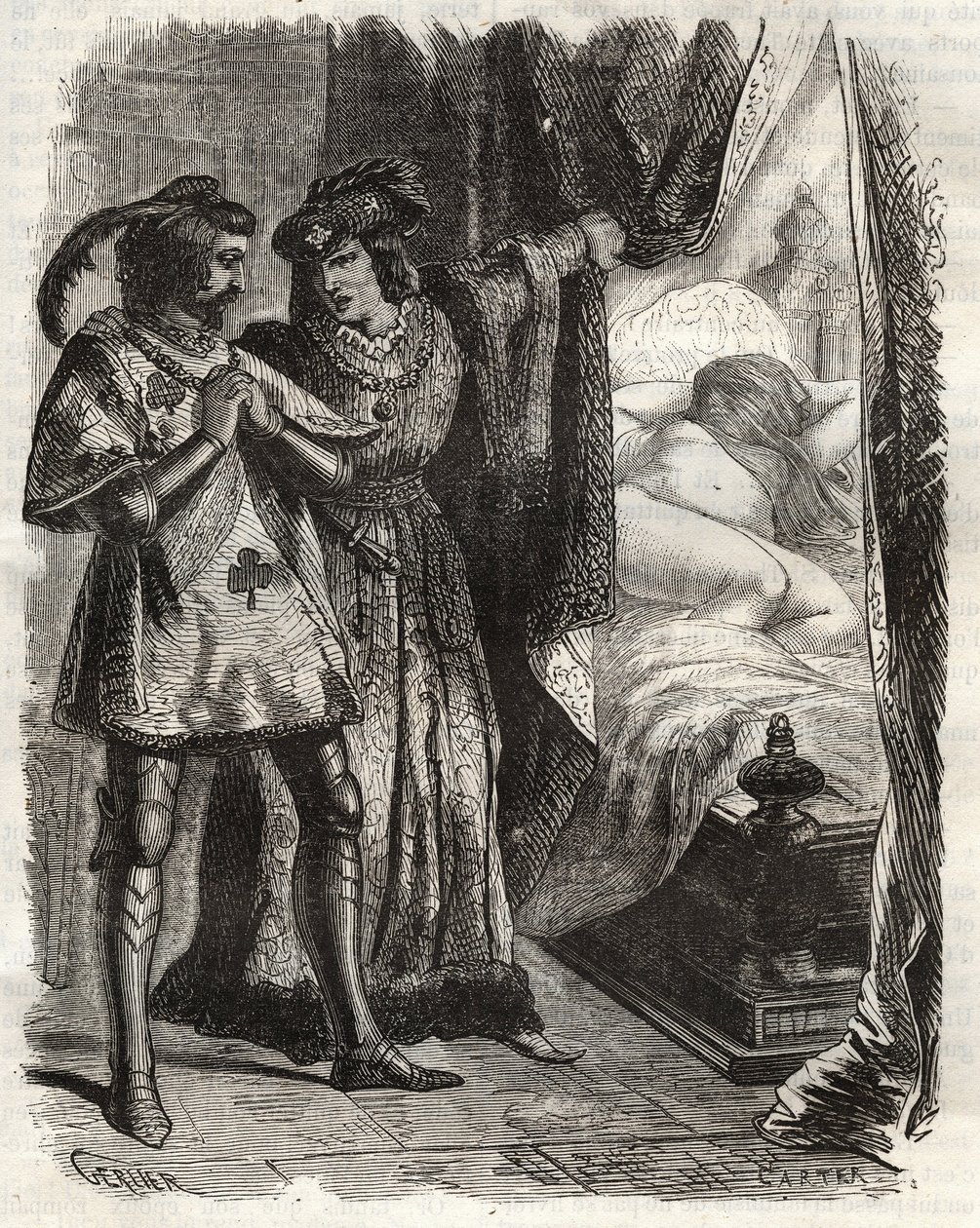 Genom att lyfta en dörr visade han maken sin egen fru som låg naken. Ludvig I av Valois, hertig av Orleans (1372-1407), fick Raoul d