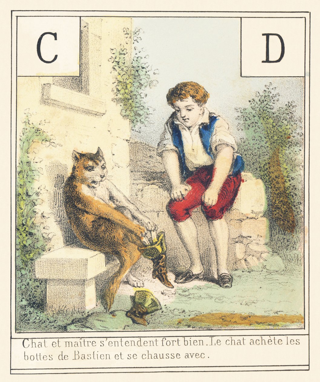 C D: Katt och husse kommer väldigt bra överens Katten knoppar Bastiens stövlar och stövlar med av French School