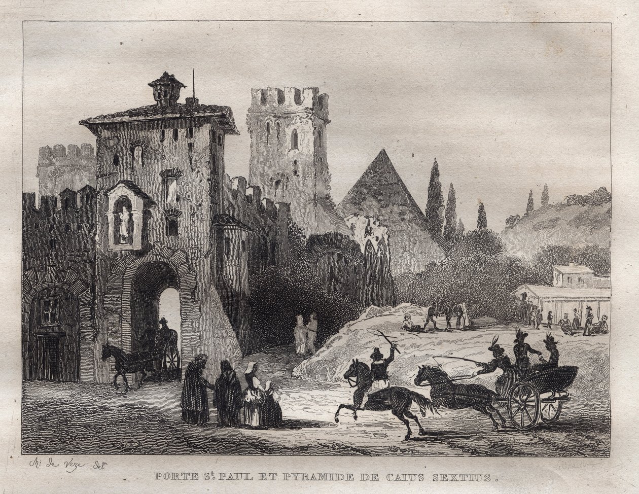 Caius Cestus Pyramid och St Paul Porte i Rom Porte Saint Paul och Pyramid av Caius Sextus a Rome - Gravyr från "" Pittoreska Italien"" - Historisk och beskrivande målning av Italien"" av M. de Norvins, Ch. Nodier 1834-1836. av French School