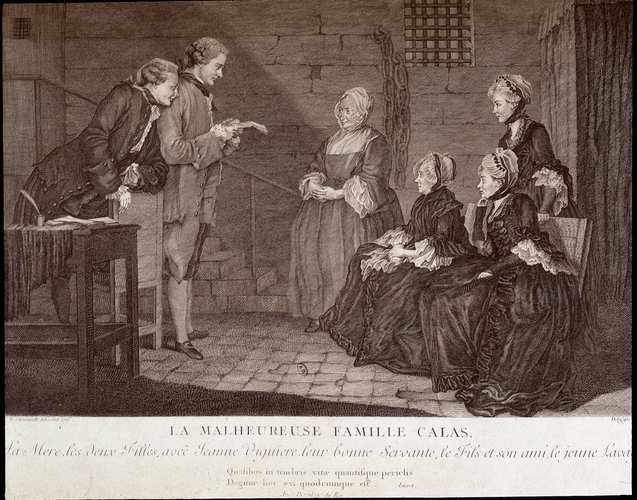 Calas-affären: Jean Calas (död 1762) olyckliga familj: modern, de två döttrarna, med Jeanne Viguiere, deras goda tjänare, sonen och hans vän, v.1762. av French School