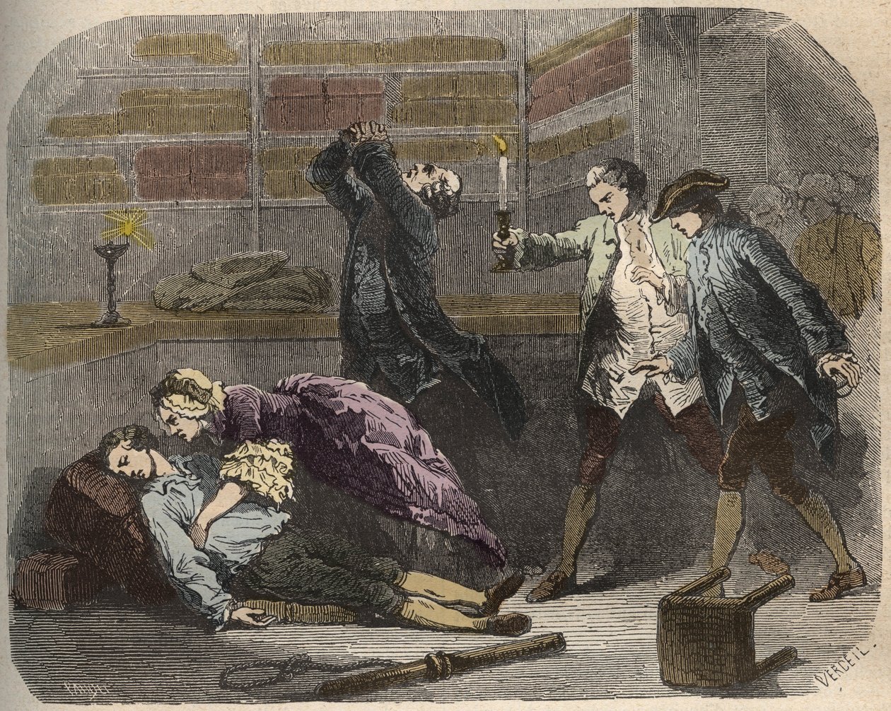 Calas-fallet: den 13 oktober 1761 hittades Marc Antoine Calas död i familjebutiken i Toulouse - Gravyr i "Causes celebres de tous les peuples" av Armand Fouquier (1817-18?) 1858-1867 - privat samling av French School