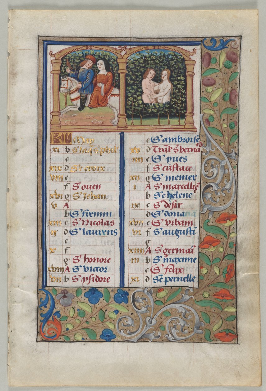 Kalendersida för maj (recto), ca 1510 (bläck, tempera, guld, pergament) av French School