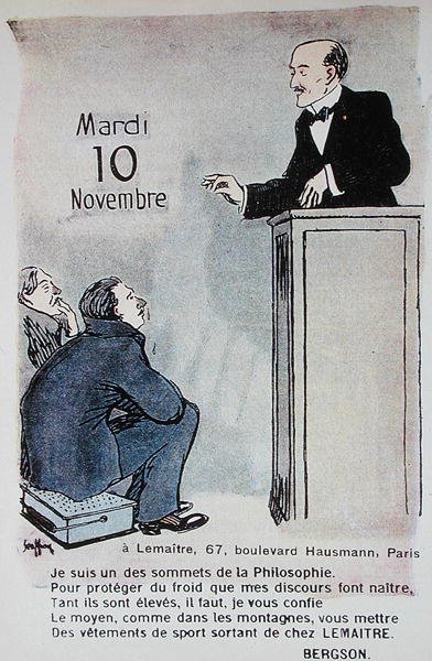 Kalender för 1914 reklam för sportkläder med en karikatyr av den franske filosofen Henri Bergson (1859-1941) av French School