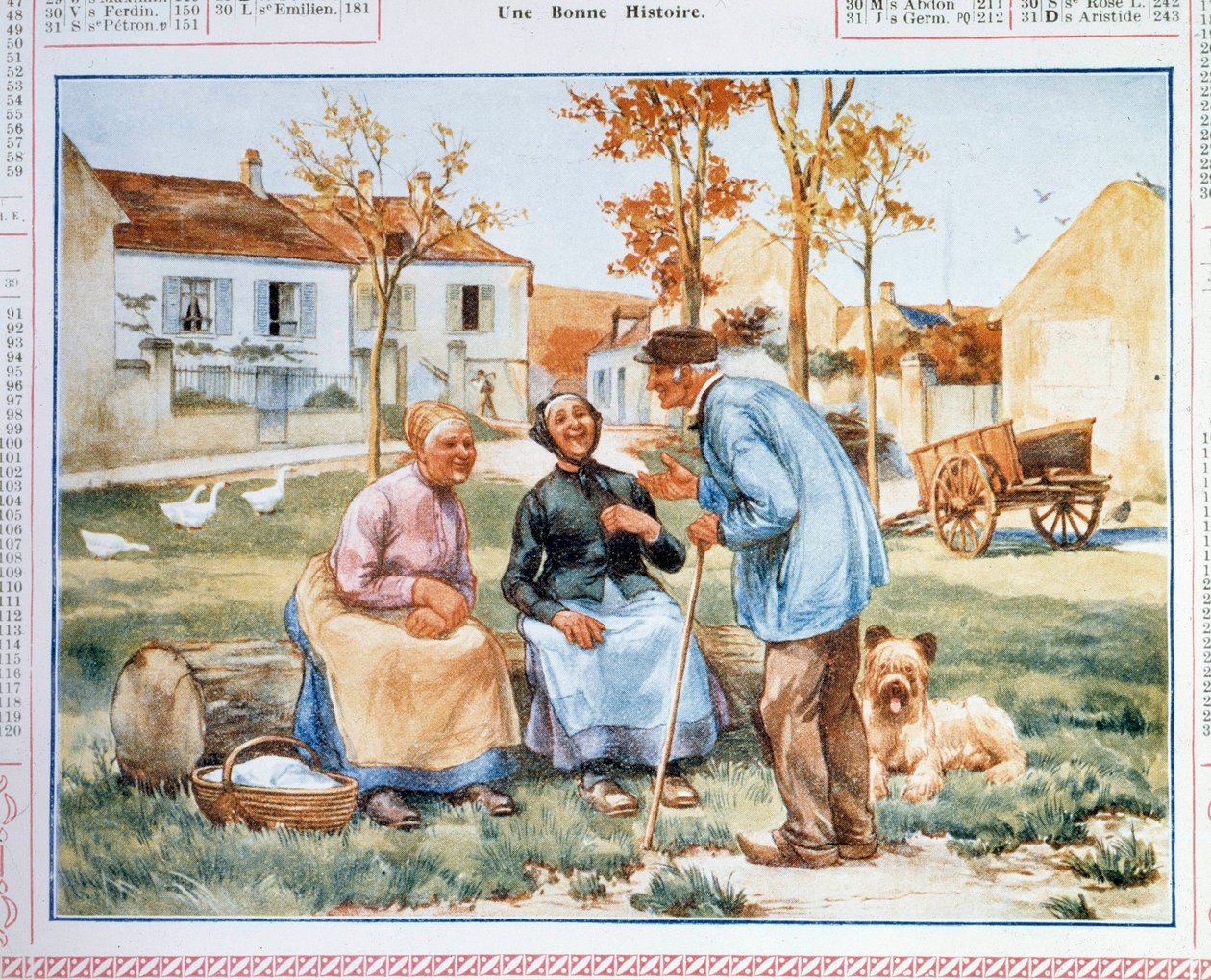 Post- och telestyrelsens (PTT) kalender med tre bönder som diskuterar. 1900-talet av French School