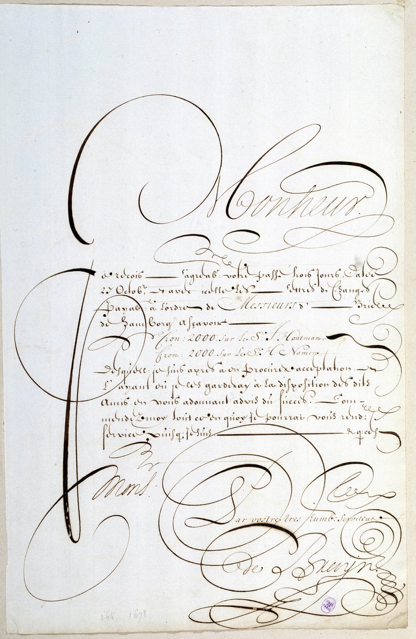 Kalligrafi: Räkenskapsbrev kalligraferat omkring 1678 av Francois de Bruyn. av French School