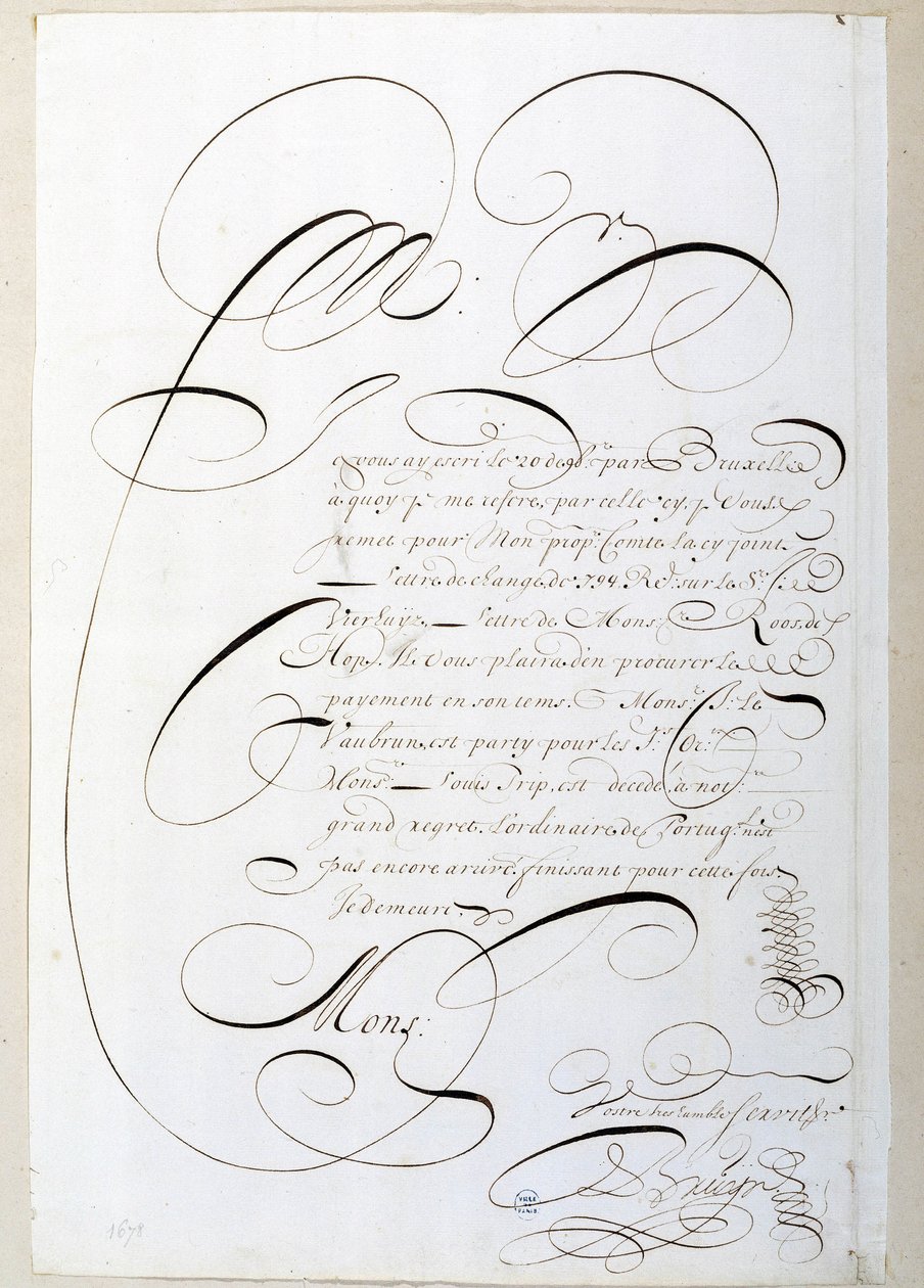 Kalligrafi: Räkenskapsbrev kalligraferat omkring 1678 av Francois de Bruyn. Historiska biblioteket i staden Paris av French School