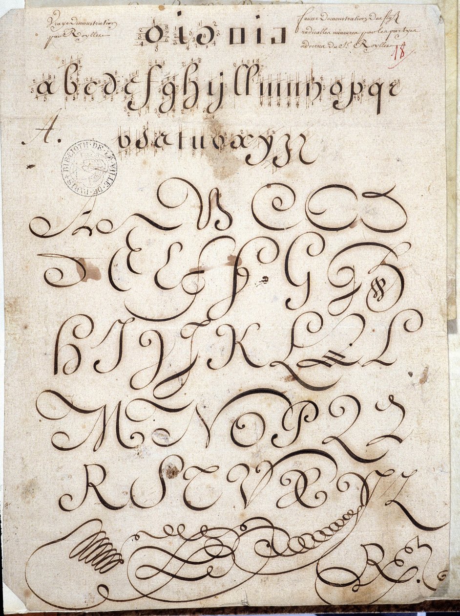 Kalligrafi: Manuskriptbit av rund på velin prydd med arabesker omkring 1813 av Sebastien Royllet. Historiska biblioteket i Paris City av French School