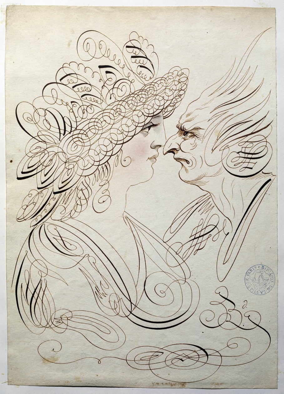 Kalligrafi: Profilporträtt omkring 1780 av Bernard de Paris. av French School