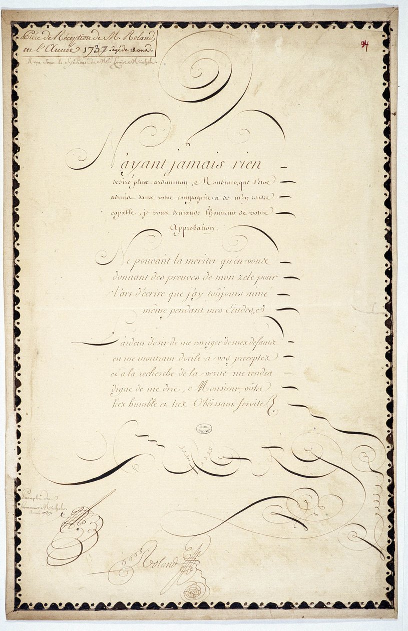 Kalligrafi: Receptionsstycke daterat 1737 av Andre Francois Roland. av French School