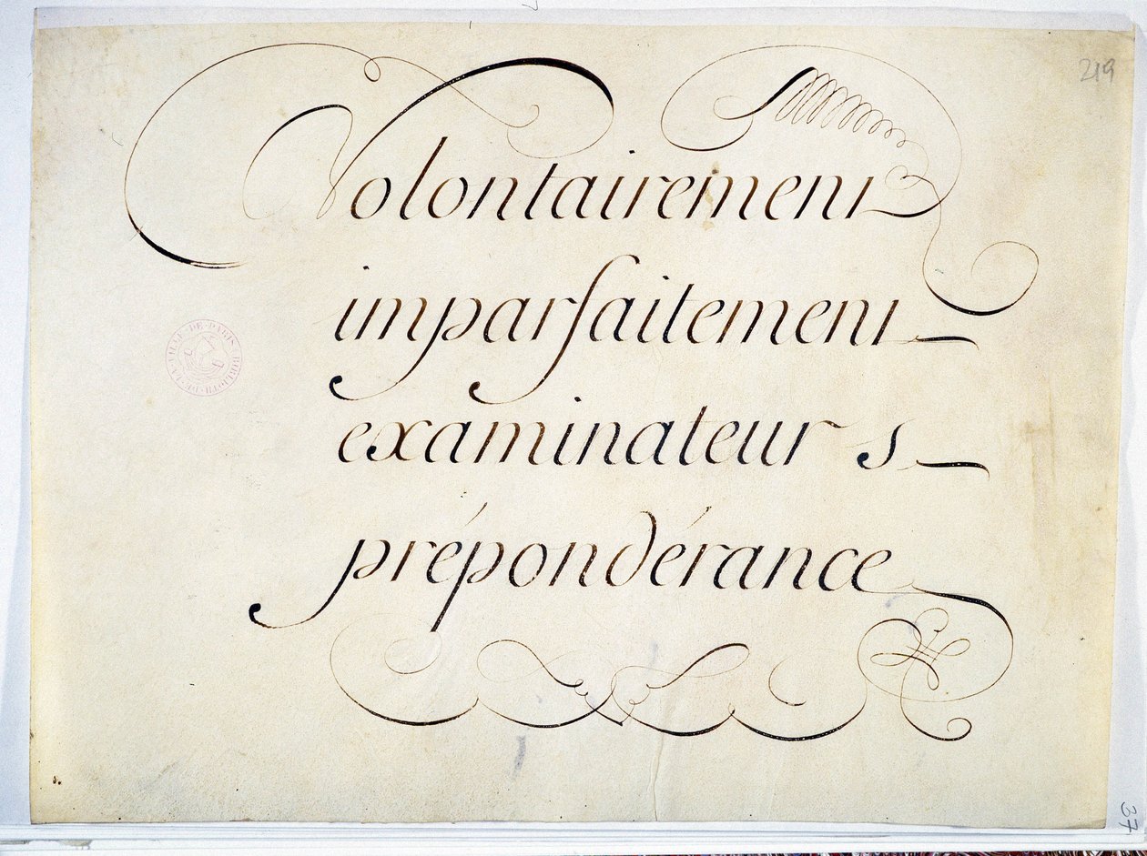 Kalligrafi: manuskriptverk omkring 1670 av Andre Francois Roland. "avsiktligt, ofullkomligt, examinatorer, övervikt"". av French School