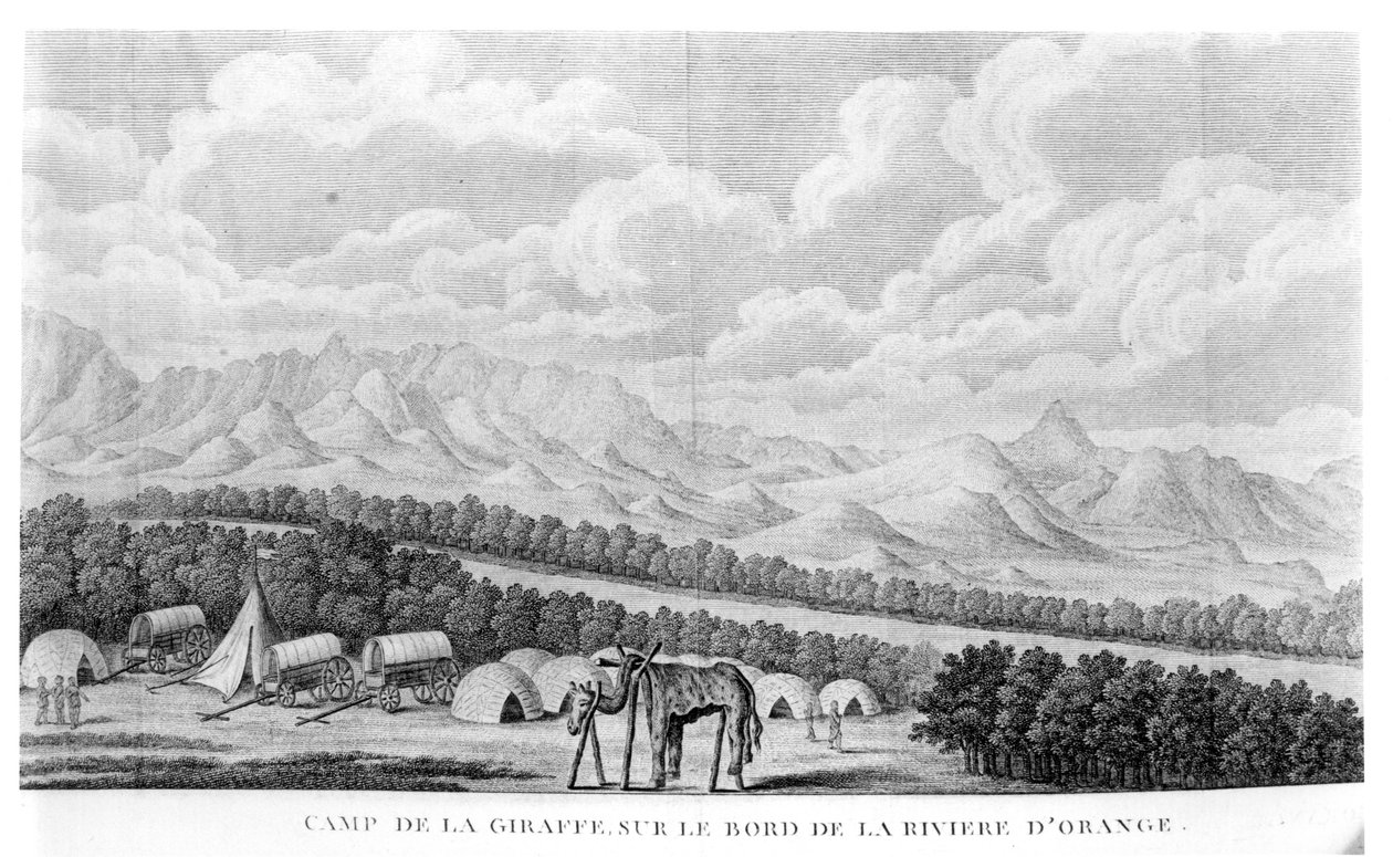 Camp Giraffe på stranden av Orange River, från volym 2 av Second Voyage dans linterieur de lAfrique av Francois Le Vaillant (1753-1824) publicerad 1796 av French School