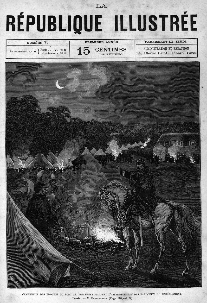 Läger för trupperna i Fort de Vincennes under saneringen av byggnaderna. En tidning. Gravyr från 1880 i "La republique illustree"" privat samling. av French School