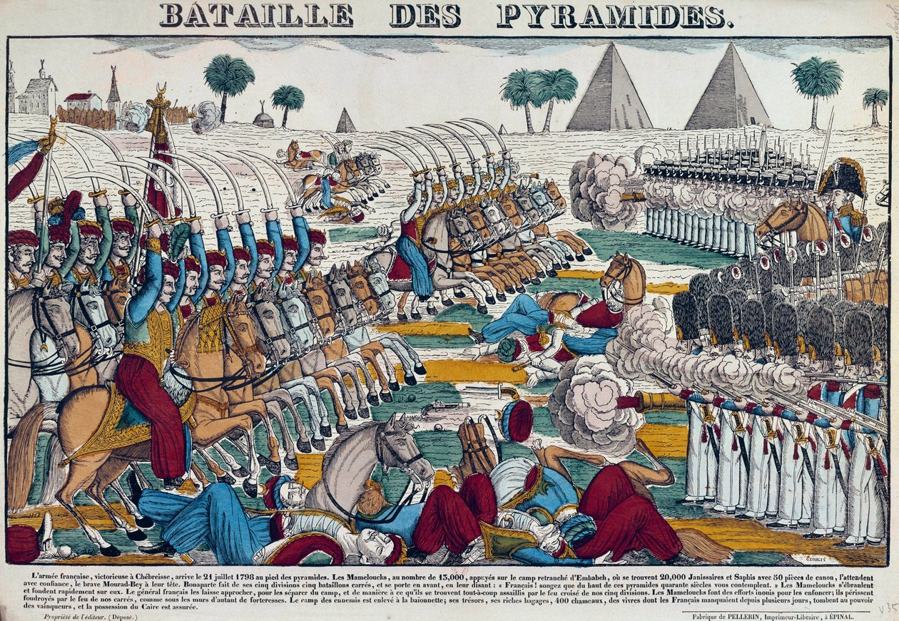 Kampanj (expedition) i Egypten (1798-1801): Slaget vid Egypten den 21/07/1798. Gravyr av 1800-talet. av French School