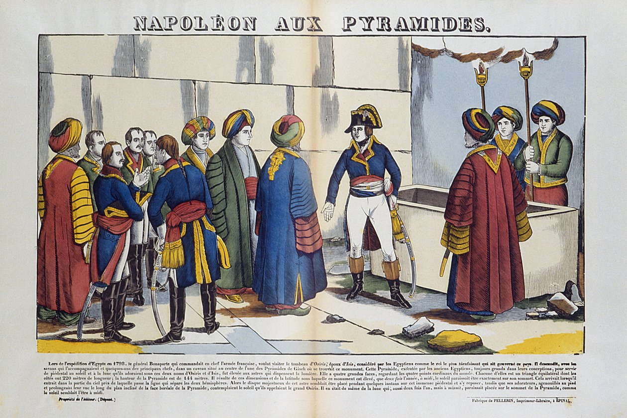 Campaign (Expedition) of Egypt (1798-1801): Bonaparte Napoleon to the Pyramids of Egypt in 1799. Bild på Epinal av French School