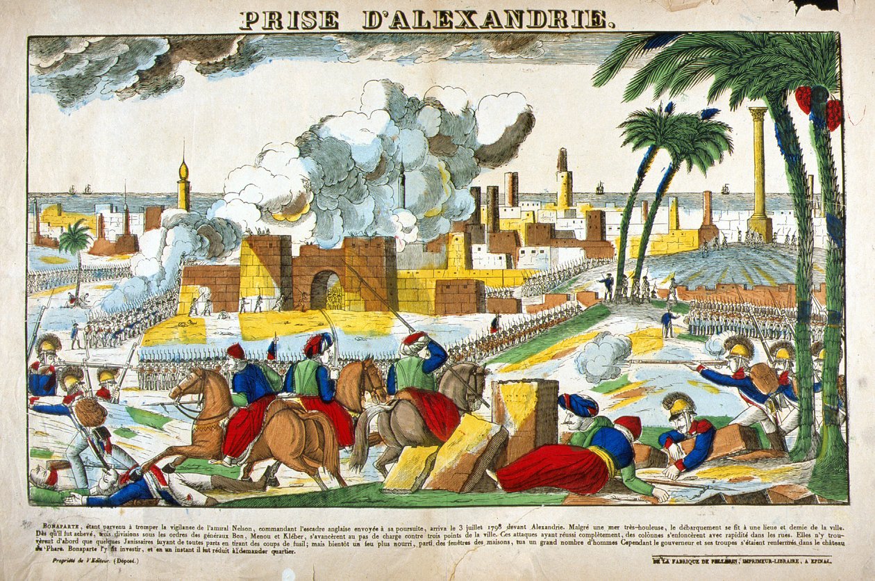 Kampanj (expedition) av Egypten (1798-1801): Erövring av Alexandria av Napoleon Bonapartes trupper i juli 1798. Bild på Epinal av French School