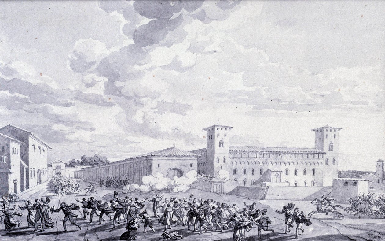 Italienska fälttåget: vy över staden Paris revolt mot den franska ockupationen i maj 1796. Anonym teckning. Paris, Louvrens museum av French School