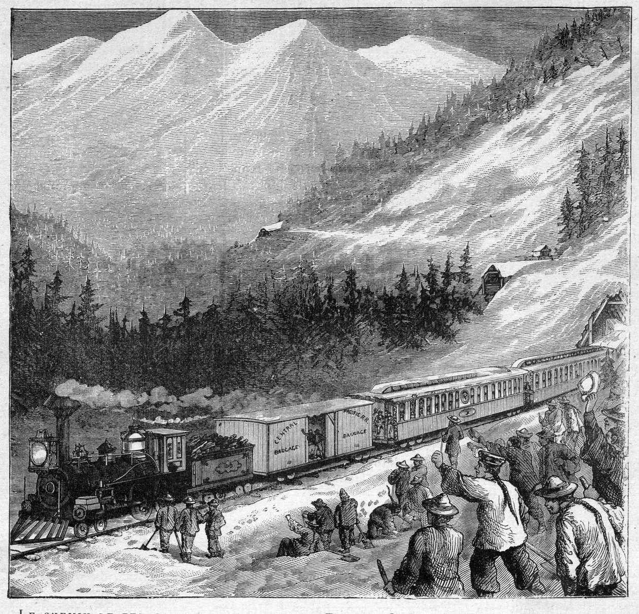 Canadian Pacific Railway 1888 - Canadian Pacific Railway - Passage av ett tåg i Sierra Nevada - Gravyr i "" Journal des Voyages"" 1888 av French School