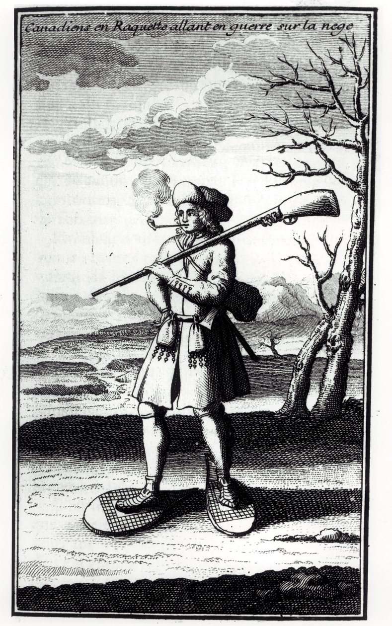 Kanadensare med snöskor som går i krig mot snön, från Histoire de lAmerique septentrionale av Bacqueville de La Potherie (1663-1736) publicerad 1753 av French School