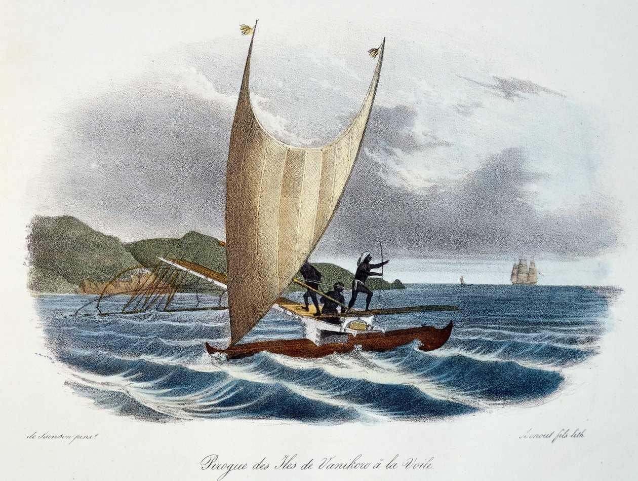 Kanot med segel från Vanikoroöarna, Salomonöarna (skärgård), färggravyr från Astrolabiets upptäcktsresa genomförd på kungens order, under åren 1826-1829, av Jules-Sebastien-Cesar Dumont d