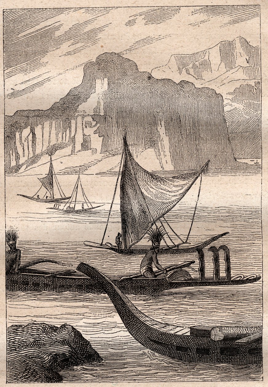 Kanoter från Marquisesöarna - illustration hämtad från "The Great Mariners of the 18th century"" av French School