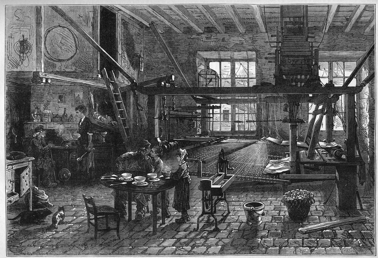 Canut verkstad. Interiör i en sidenvävarverkstad i Lyon under en kris i slutet av 1800-talet. Gravyr i "" Le Monde Illustré"" nr 1039 av 10 mars 1877. av French School
