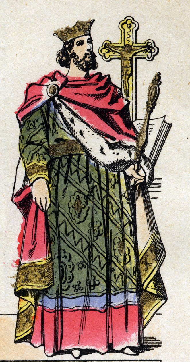 Capetian Dynasty: Porträtt av Robert II den fromme (972-1031), Frankernas kung från 996 till 1031. Epinal avbildning från slutet av 1800-talet. Privat samling. av French School