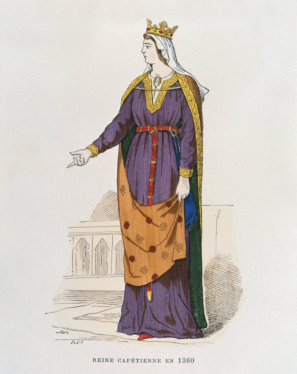 Capetian Queen 1360, från franska civila och militära dräkter genom århundradena av French School