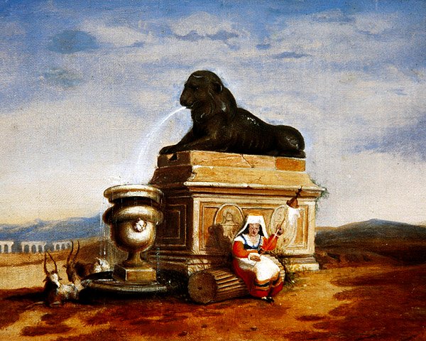 Capriccio av romerska kvarlevor med en italiensk bondkvinna som spinner, ca 1825 (olja på tavla) av French School