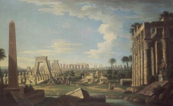 Capriccio med egyptiska ruiner (olja på panel) av French School