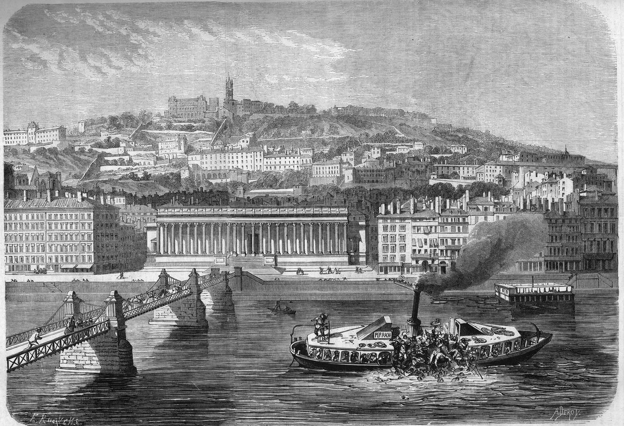 Kantring av omnibus-ångbåten "" Fly n°4"" på floden Saone i Lyon (Rhone, 69), 10 juli av French School