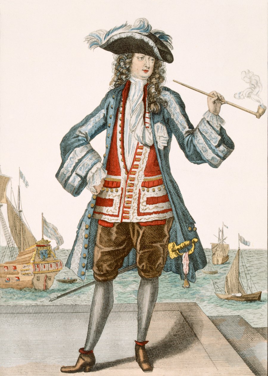 Kapten Jean Bart av Dunkerque 88:Le Capitaine Jean Baert de Dunquerque, flottans kapten, står och röker en lång pipa på hamnen; Jean Bart (1651-1702), flamländsk sjöman w av French School