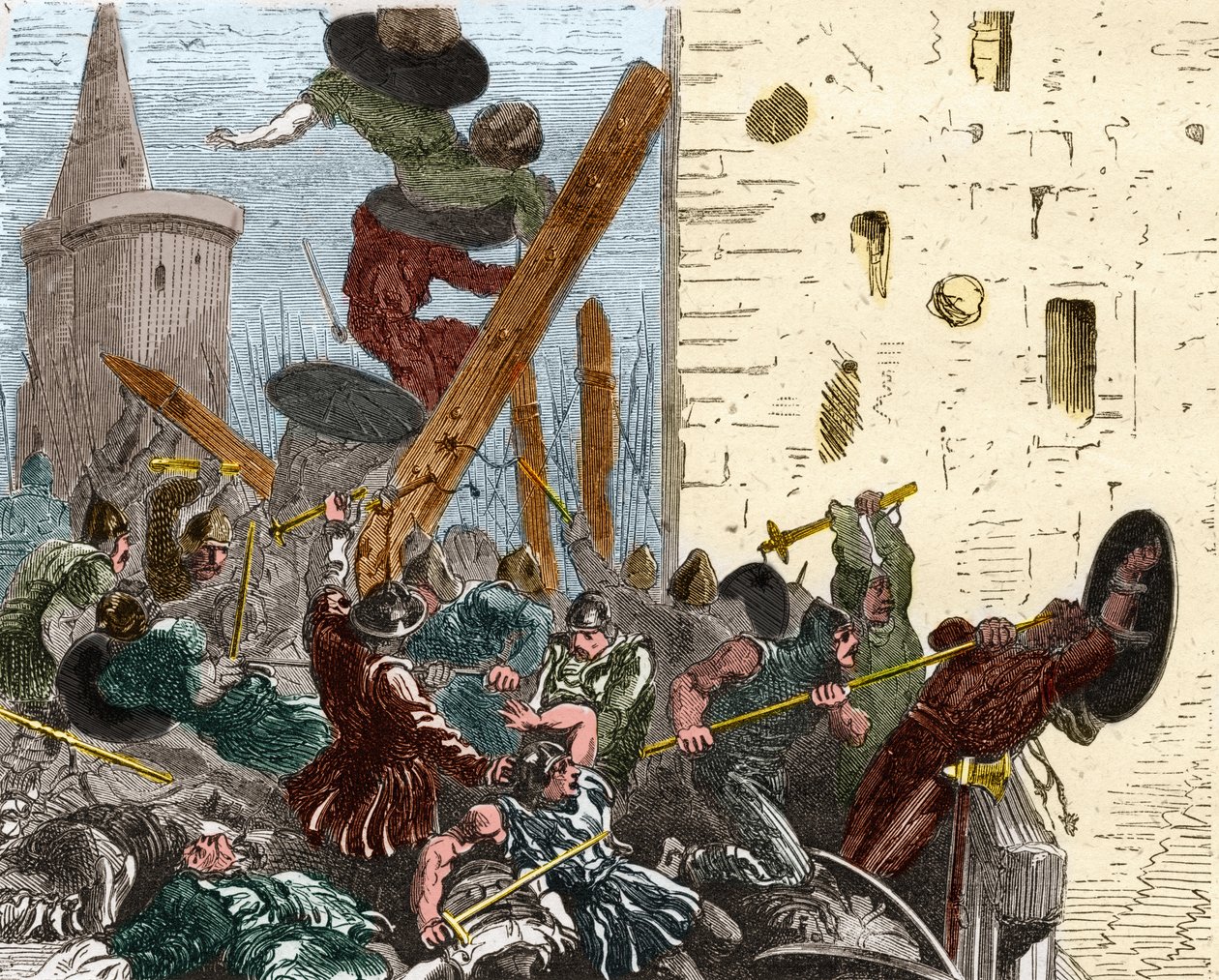Tillfångatagandet av Carcassonne under korståget mot Albigeers i augusti 1209. Gravyr i "" Histoire De France En Cent-målningar av Paul Lehugeur "" 1891 av French School