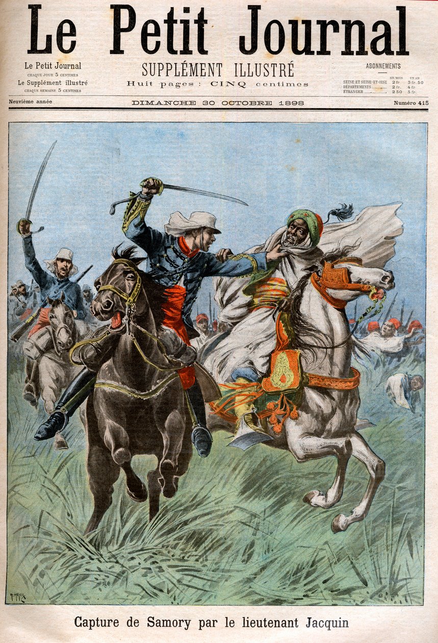 Tillfångatagandet av Samory Toure (cirka 1830-1900), sudanesisk ledare och motståndare till fransk kolonisering i Afrika, av kapten Gouraud och löjtnant Jacquin. Sudan av French School
