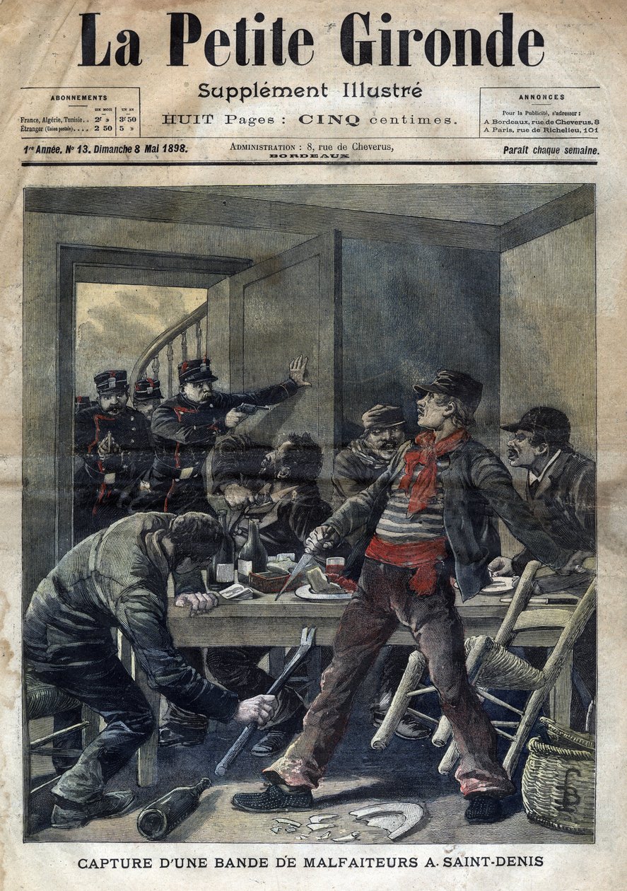 Tillfångatagande av ett gäng kriminella i Saint-Denis (Saint Denis) 1898. Omslag till "" La petite Gironde"" av 8 maj av French School