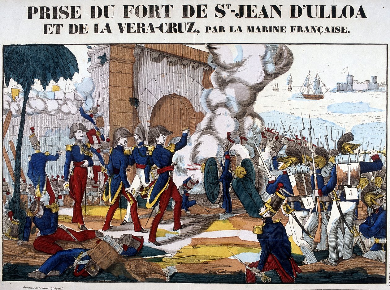 Fångst av fortet Saint John of Ulloa och La Vera Cruz i Mexiko i november 1838. Bild på Epinal av French School
