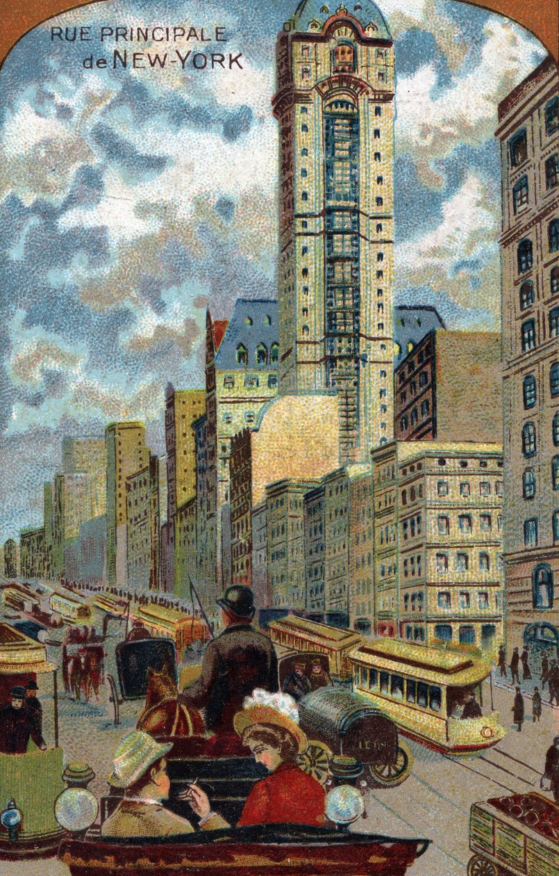 Biltrafik i Broadway, Main Street of New York (New York) (trafikstockning på Broadway Avenue, Manhattan) 1800-talskromolitografi privat samling av French School