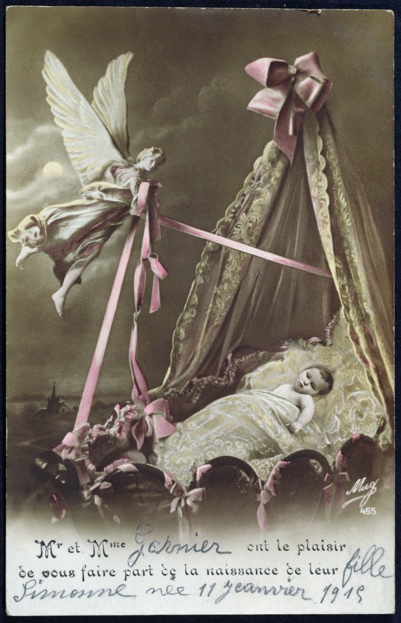 Kort som tillkännager födelsen av ett barn, 11 januari 1915 (färgat foto) av French School