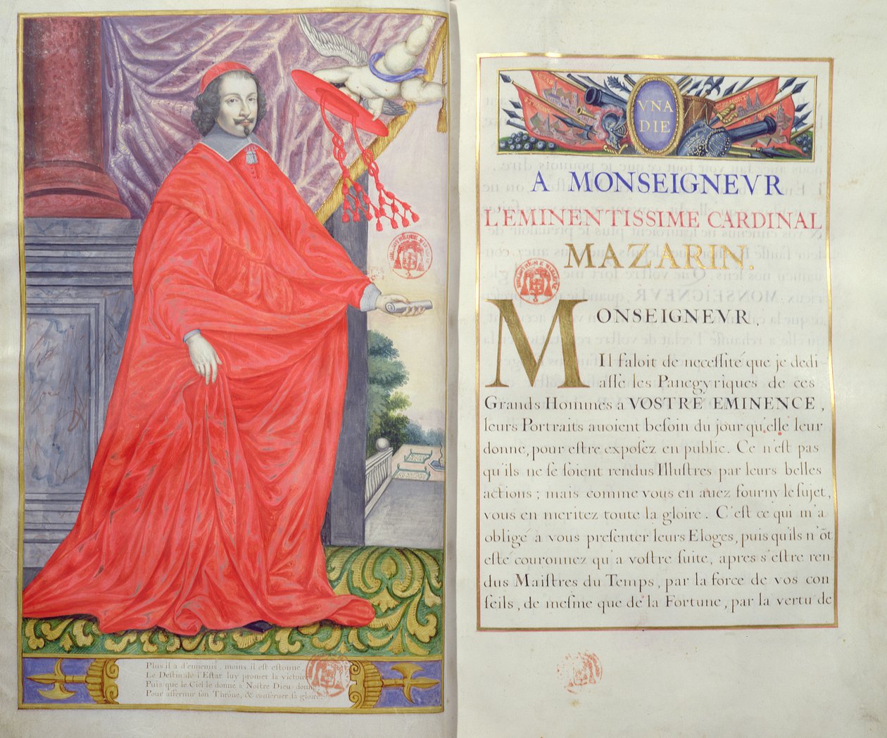 Kardinal Mazarin, illustration och dedikation från The Panegyrics of the Illustrious Men of Our Century av Puget de la Serre, 1655 av French School