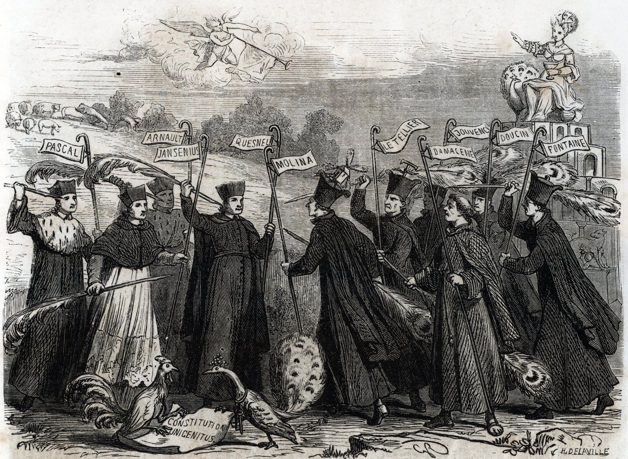Karikatyr om Unigenitus, en apostolisk konstitution i form av en påvlig tjur som förkunnades av påven Clement XI 1713, inledde den sista fasen av Jansenistkontroversen i Frankrike 1713 (gravyr) av French School