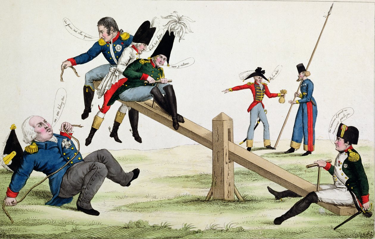 Karikatyr föreställande Ludvig XVIII (1755-1824) Napoleon (1769-1821) och de allierade vid tiden för Cent-Jours 1815 av French School
