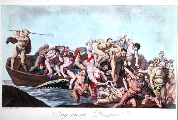 Karikatyr föreställande Napoleon (1769-1821) vid den sista domen, ca 1815 (färg litho) av French School