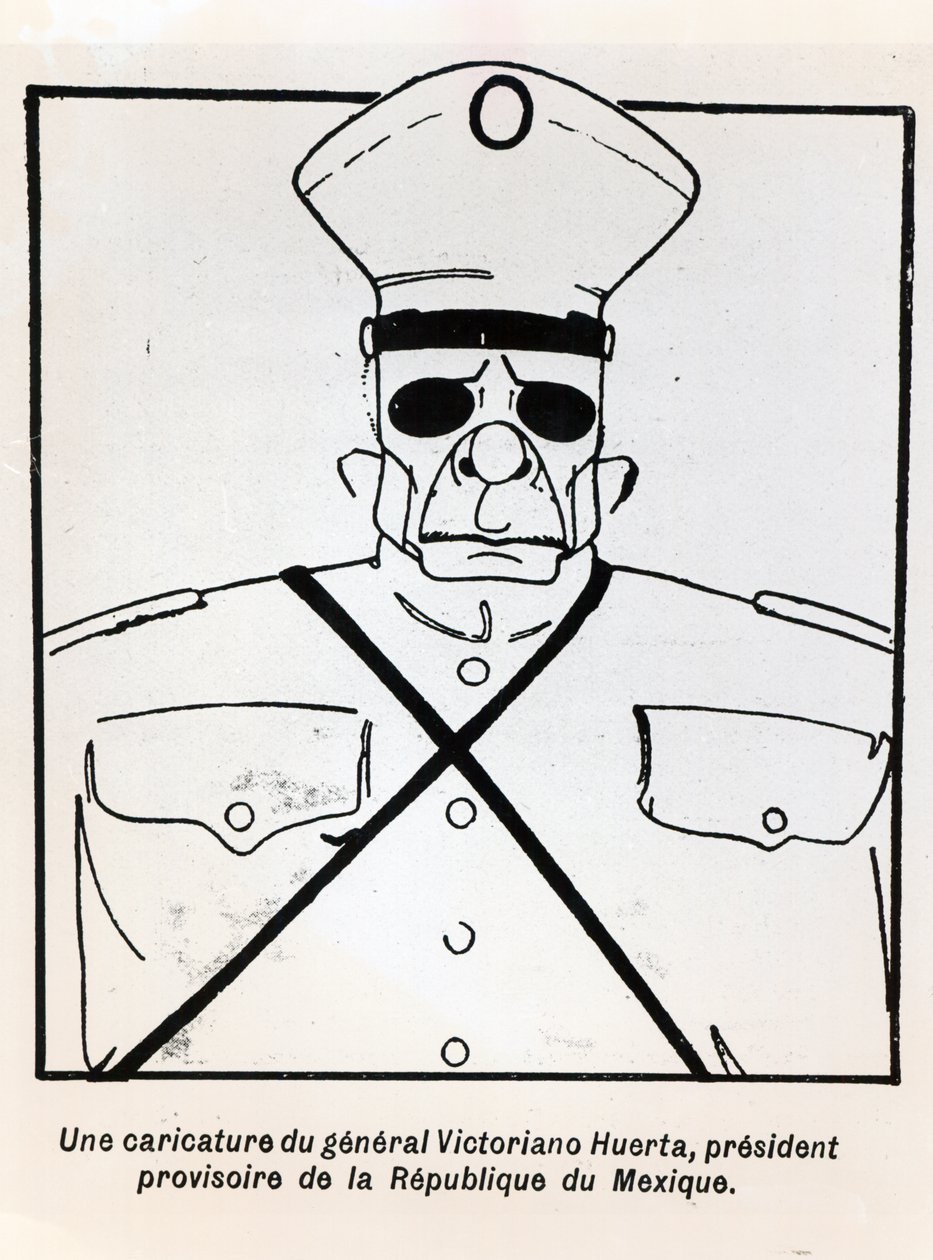 Karikatyr av general Victoriano Huerta (1854-1916) tillförordnad president för republiken Mexiko, illustration från Le Monde Illustre, publicerad 1 mars 1913 av French School
